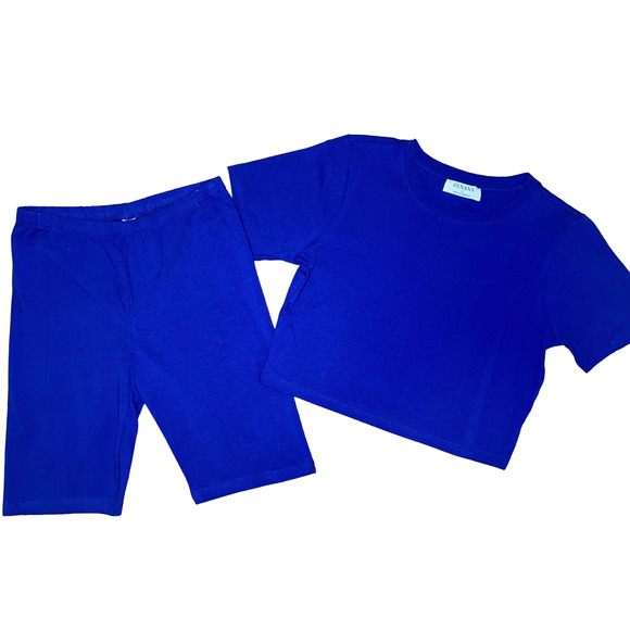 NWT‎ XL 2 piece Blue Bike Short Crop Top Tee Set Outfit Summer Outfit - Picture 1 of 3